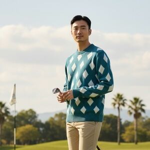 Bogey Boys Golf Men's XL Crew Argyle Sweater Teal Cream Diamond New 9766